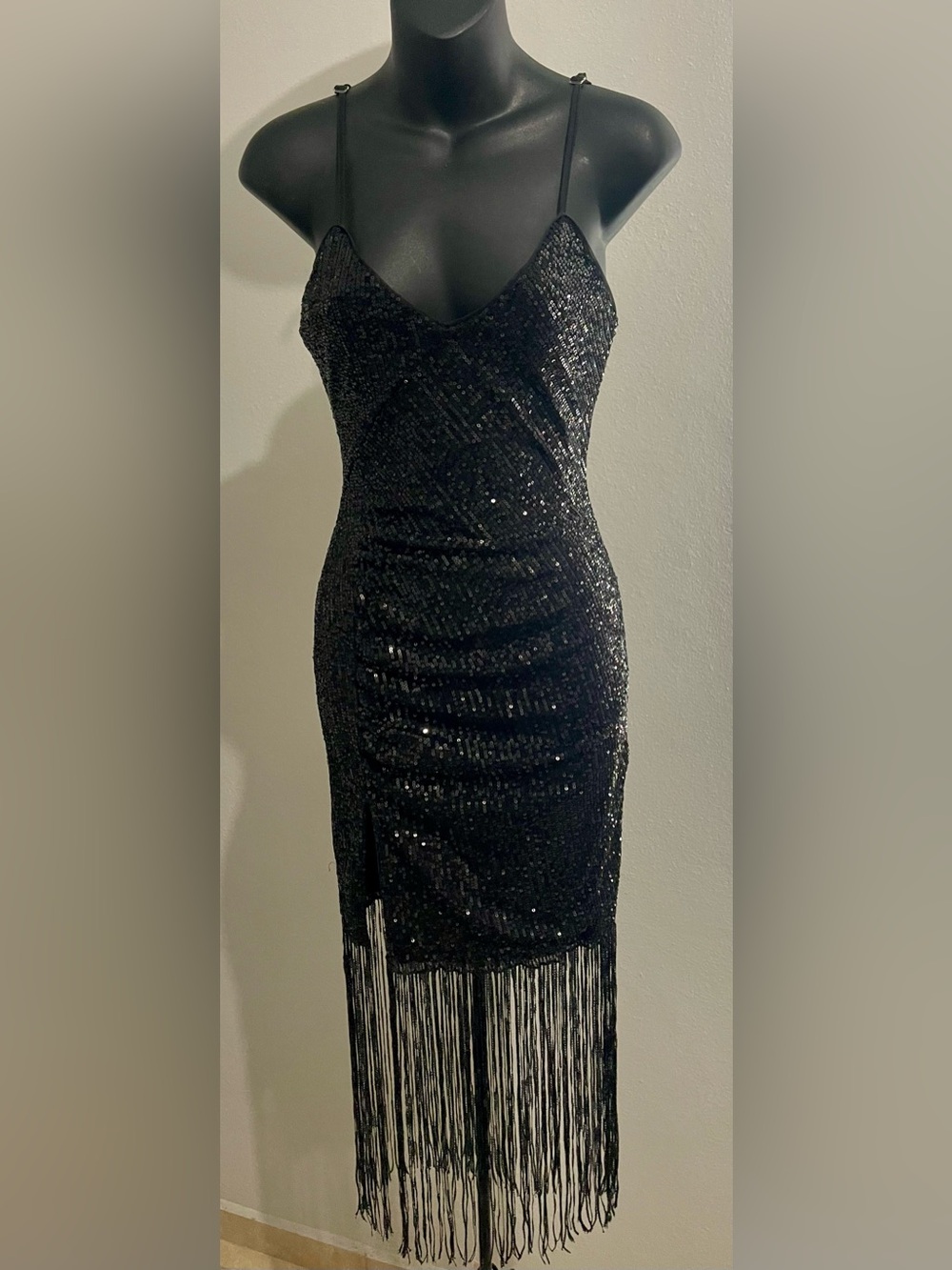 SHEIN Black Sequin Fringe Midi Dress